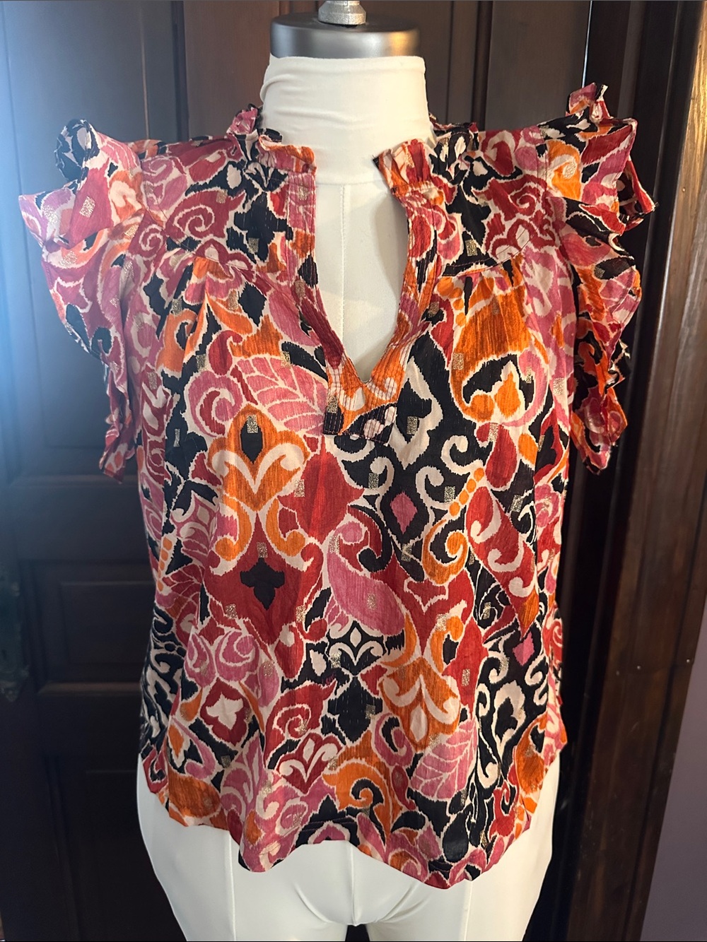 Olivaceous Ruffled Cap-Sleeve Blouse in Pink, Orange & Black